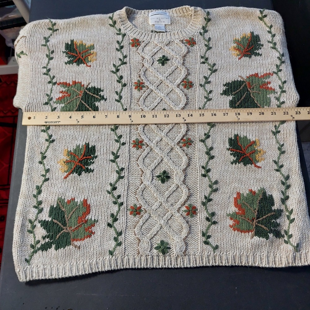 Christopher & Banks Vintage Hand Embroidered Fall Leaf Cable Knit Sweater Large - Picture 4 of 7